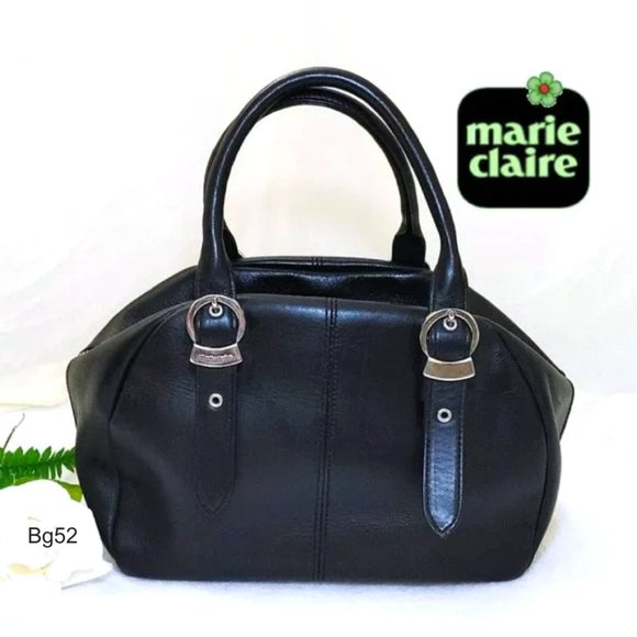 MARIE CLAIRE Chic Black Genuine Leather Satchel Handbag Purse Wide Botto… - Picture 1 of 12